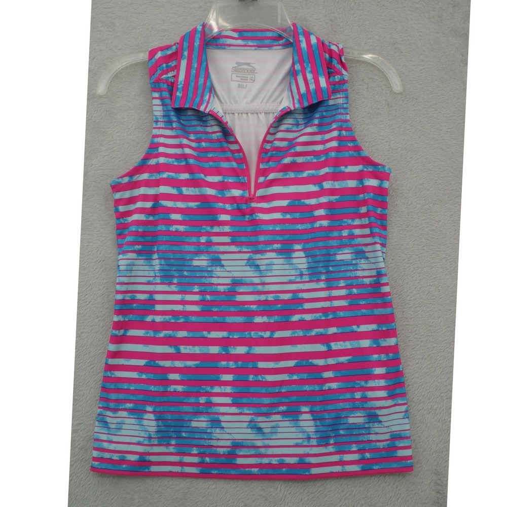 Slazenger Golf Womens XL Sleeveless Polo Shirt Pink Blue Striped Quarter Zip Top - Picture 8 of 8